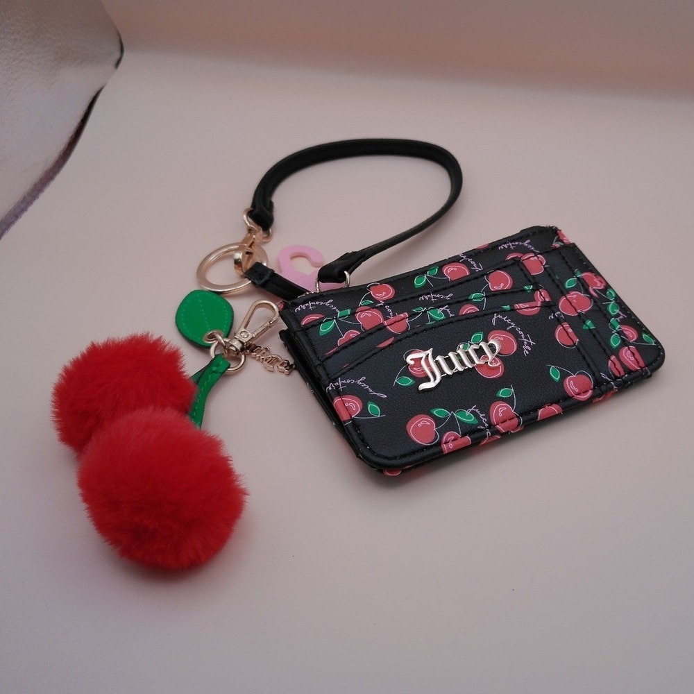 Juicy Couture Cherry Print Card Holder Wallet Wristlet Black Red Pom Pom NEW